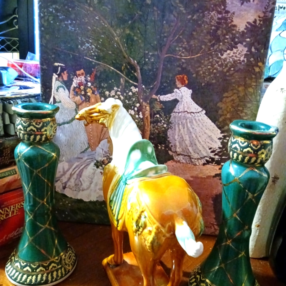 Vintage Tang Dynasty Chinese Horse  Ceramic War Horse Trojan&2 Candle Holders.🏇